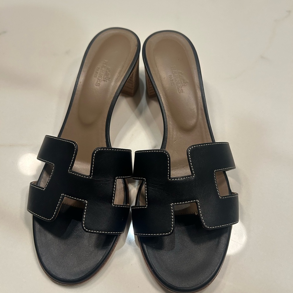 Hermes Black Leather Sandals